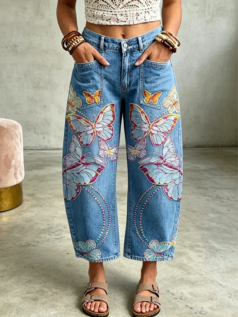 Women's Animal Butterfly Art Print Pocketing Trousers