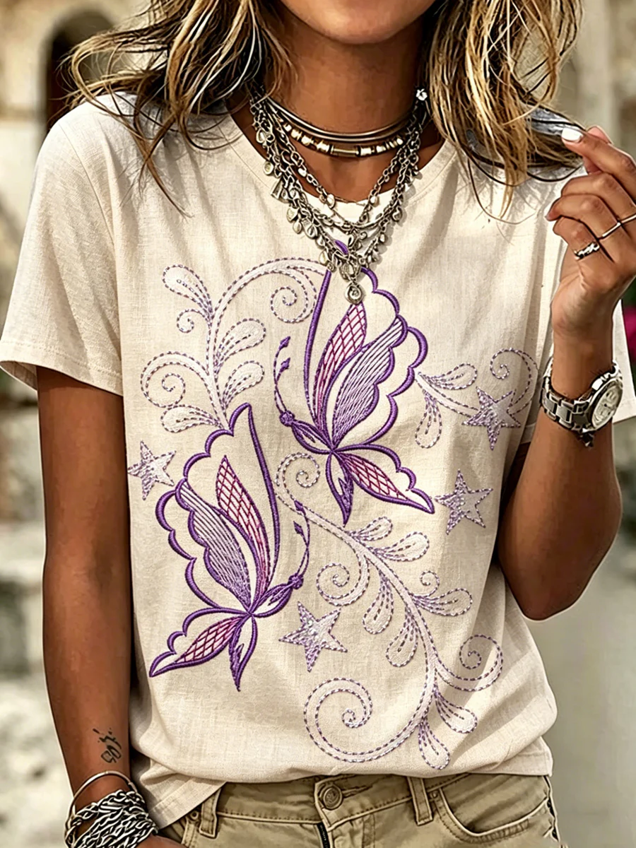 Women's Animal Butterfly Printed Vintage Fashion Loose Short Sleeve T-Shirt