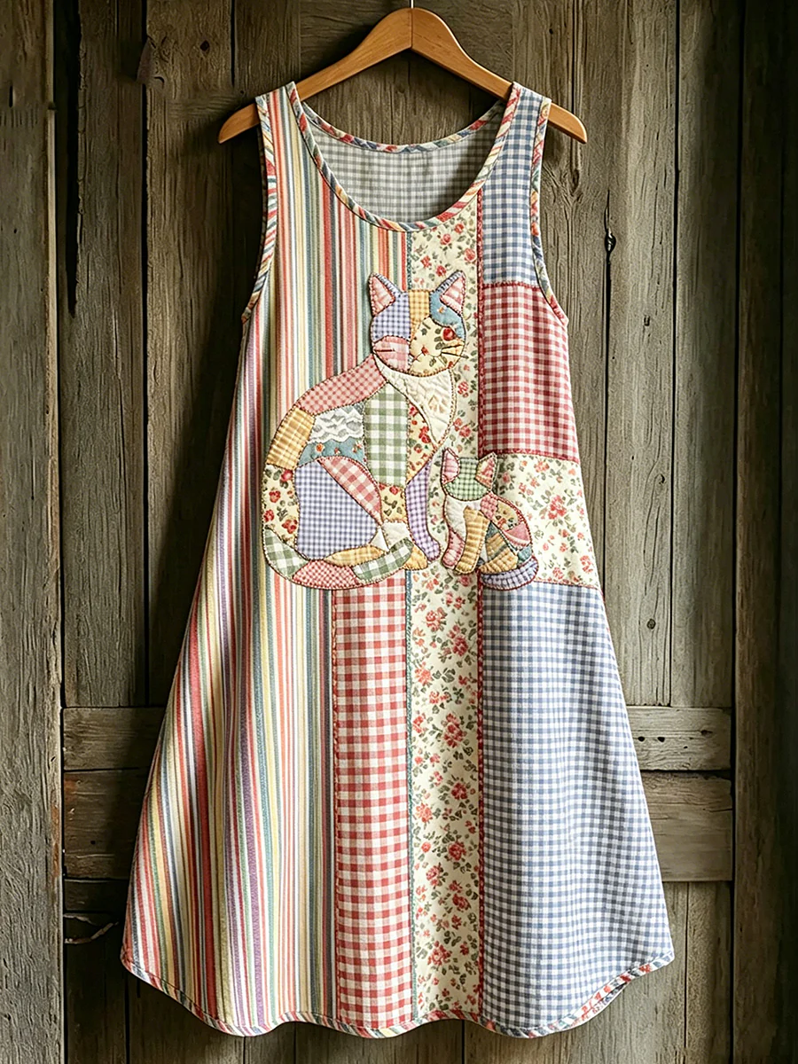 Women's Animal Cat Art Printed Sleeveless Dress