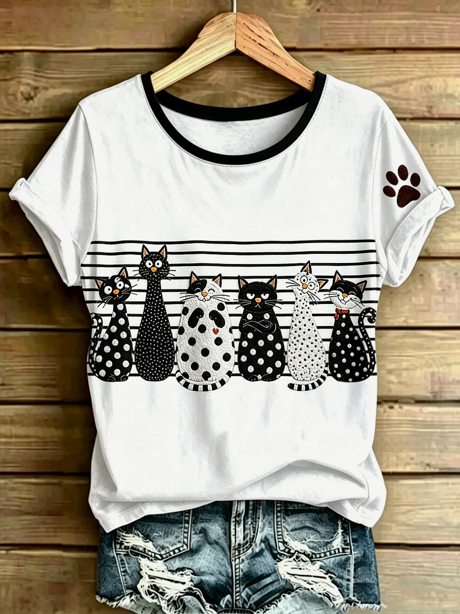 Women's Animal Cat Art Printed Vintage Fashion Loose Short Sleeve T-Shirt