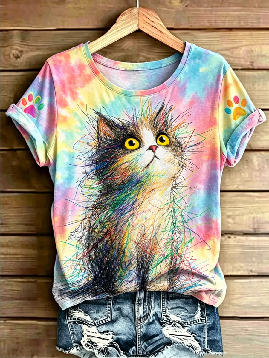 Women's Animal Cat Art Printed Vintage Fashion Loose Short Sleeve T-Shirt