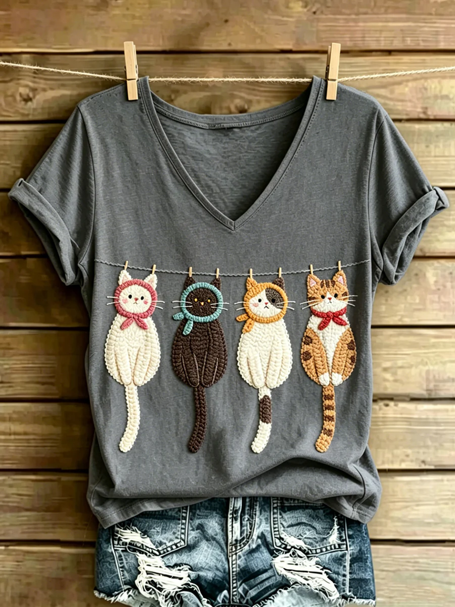Women's Animal Cat Art Printed Vintage Fashion Loose Short Sleeve T-Shirt