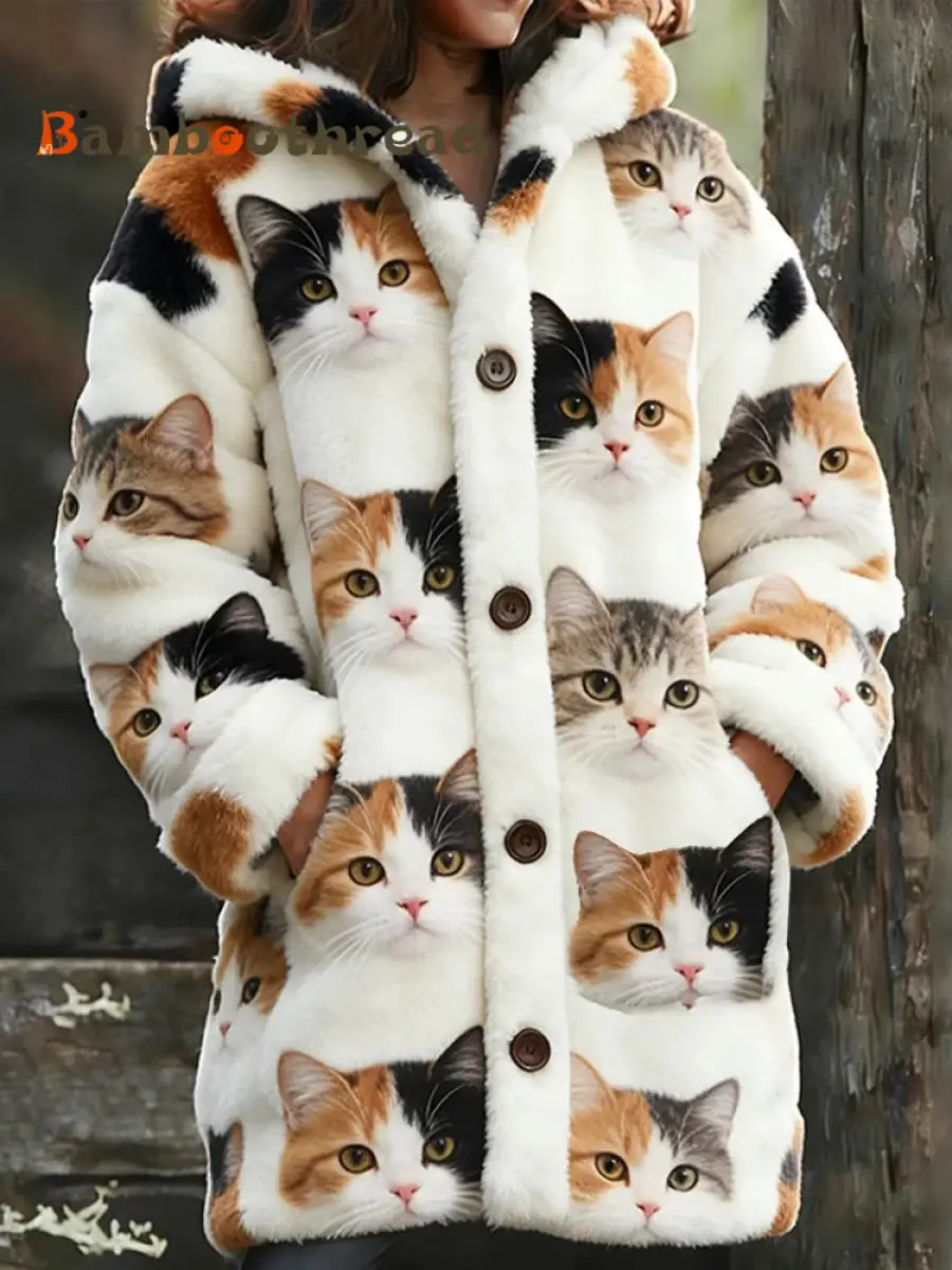 Women's Animal Cat Print Flannel Warm Jacket