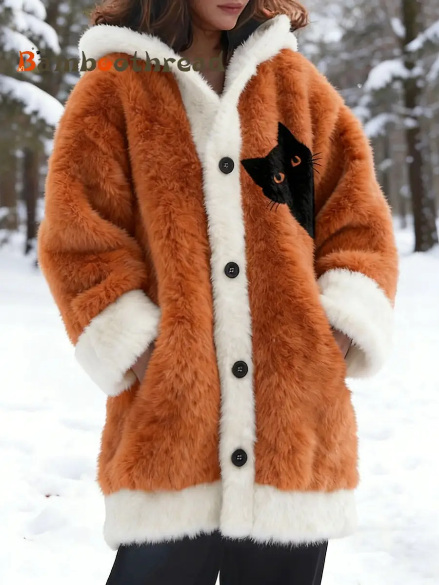 Women's Animal Cat Print Flannel Warm Jacket
