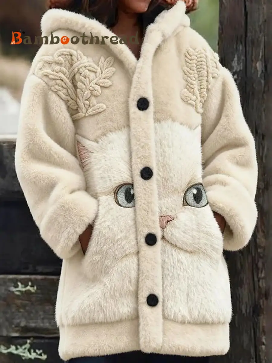 Women's Animal Cat Print Flannel Warm Jacket