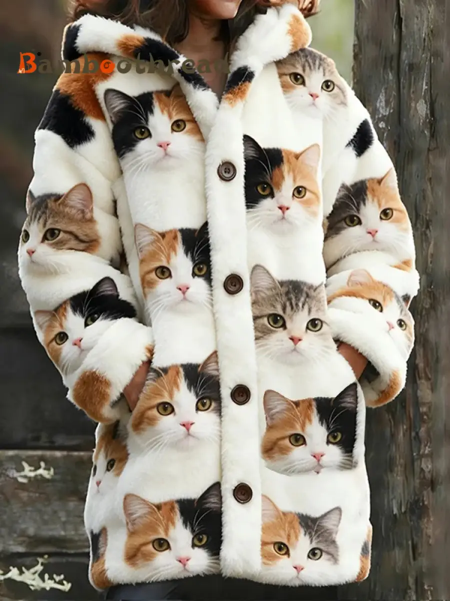 Women's Animal Cat Print Flannel Warm Jacket