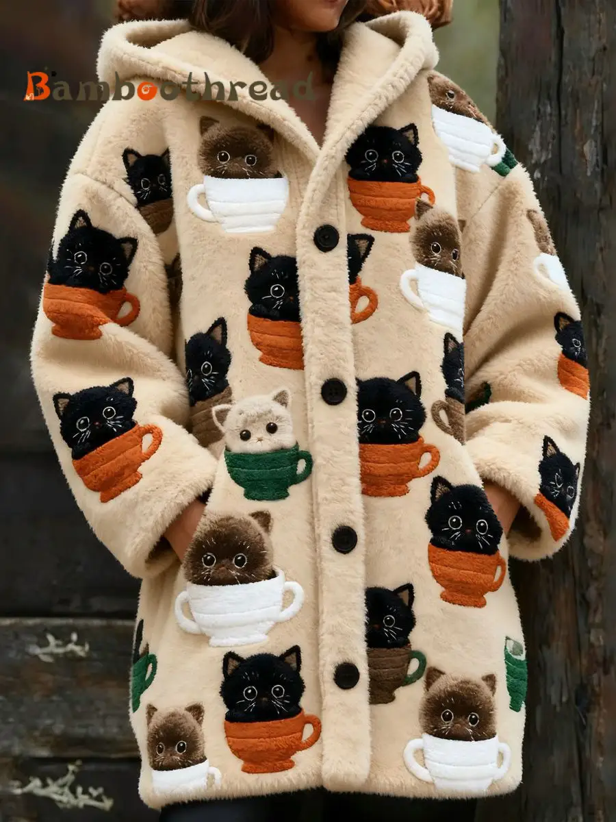 Women's Animal Cat Print Flannel Warm Jacket