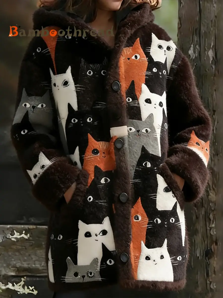 Women's Animal Cat Print Flannel Warm Jacket