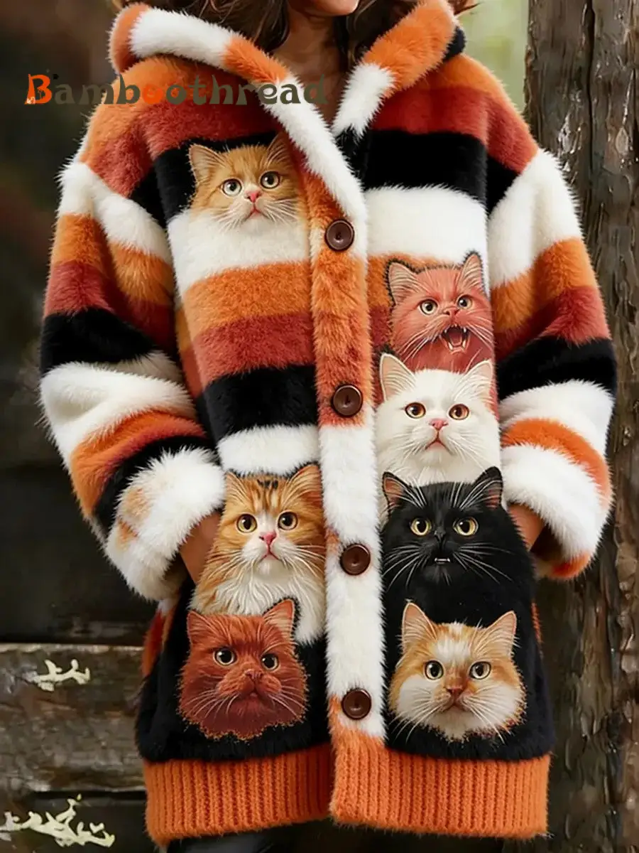 Women's Animal Cat Print Flannel Warm Jacket