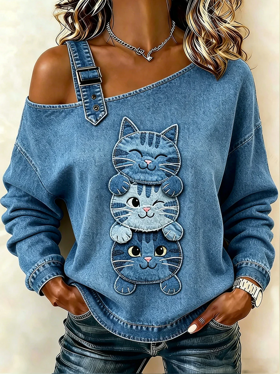 Women's Animal Cat Printed One Shoulder Casual Sweatshirt - Image 2