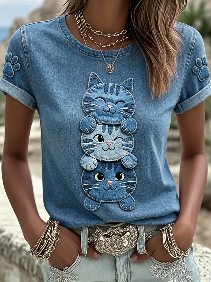 Women's Animal Cat Printed Vintage Fashion Loose Short Sleeve T-Shirt - Image 2