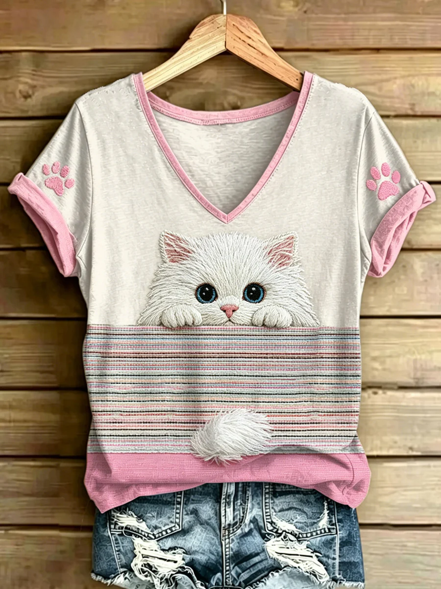 Women's Animal Cat Stripes Printed Vintage Fashion Loose Short Sleeve T-Shirt