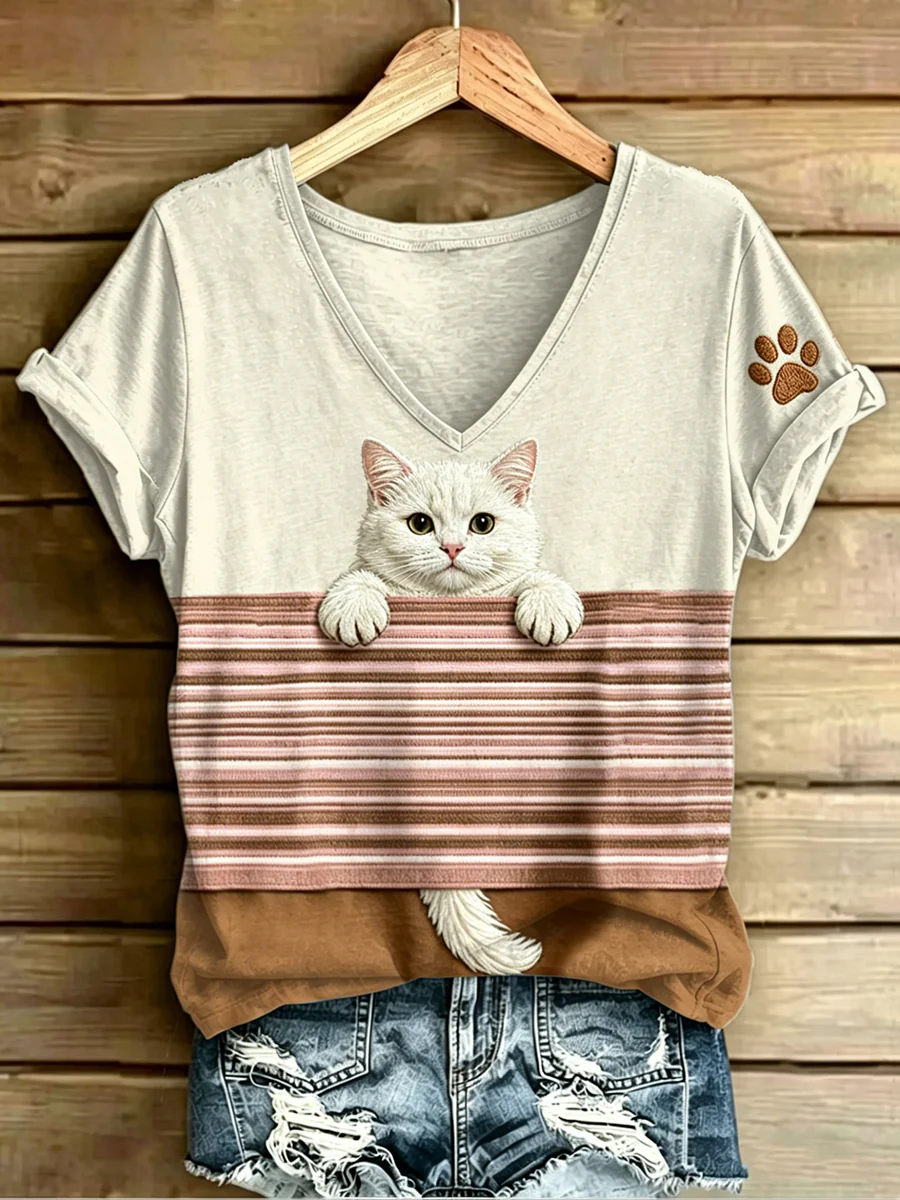 Women's Animal Cat Stripes Printed Vintage Fashion Loose Short Sleeve T-Shirt