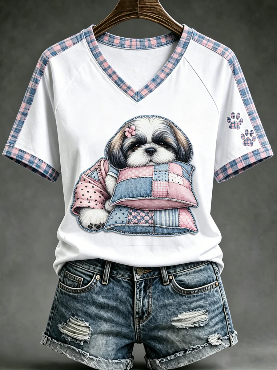 Women's Animal Cute Dogs Printed Vintage Fashion Loose Short Sleeve T-Shirt
