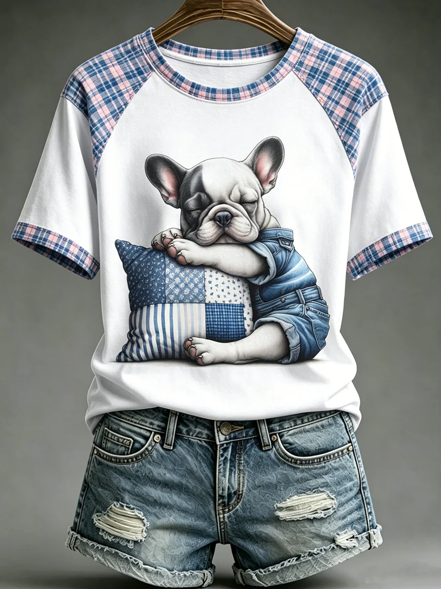 Women's Animal Cute Dogs Printed Vintage Fashion Loose Short Sleeve T-Shirt