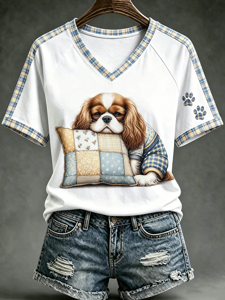 Women's Animal Cute Dogs Printed Vintage Fashion Loose Short Sleeve T-Shirt