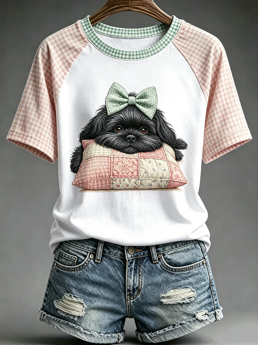 Women's Animal Cute Dogs Printed Vintage Fashion Loose Short Sleeve T-Shirt