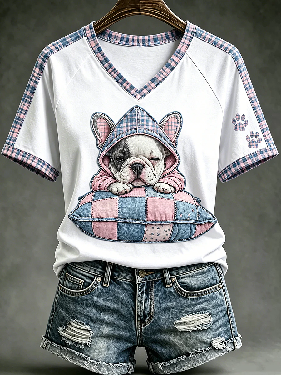 Women's Animal Cute Dogs Printed Vintage Fashion Loose Short Sleeve T-Shirt
