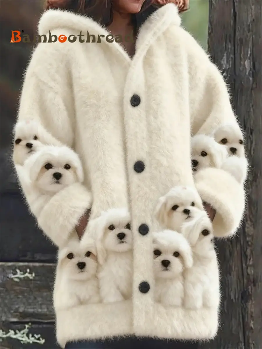 Women's Animal Dog Print Flannel Warm Jacket