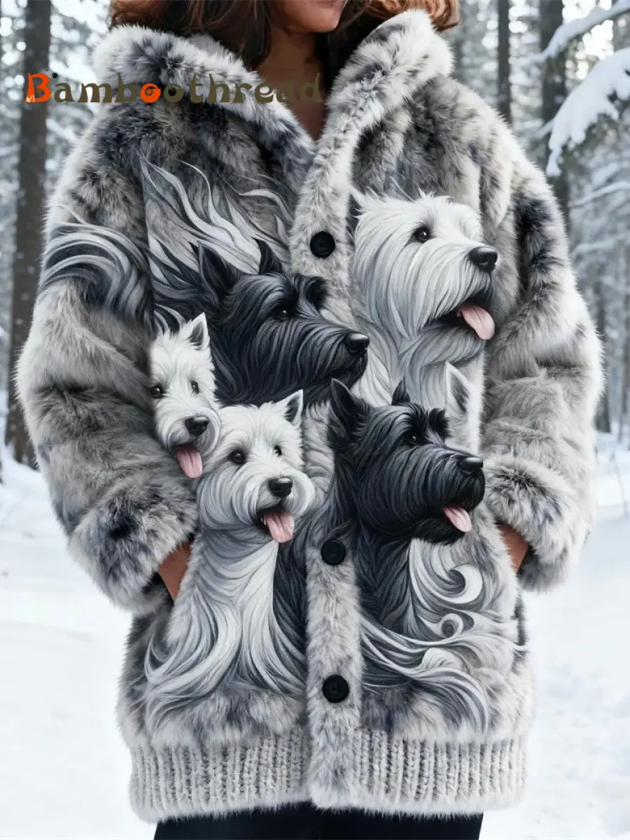 Women's Animal Dog Print Flannel Warm Jacket