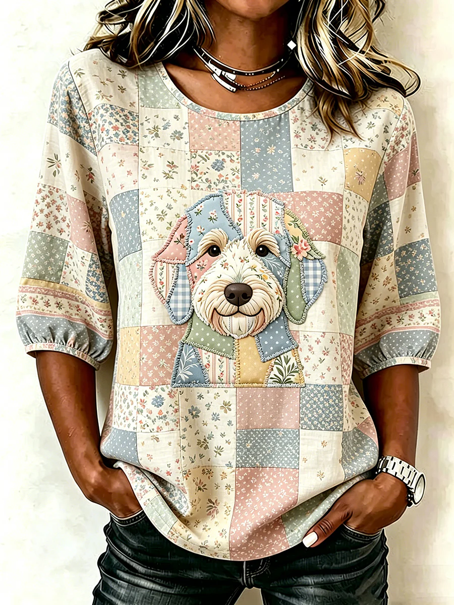 Women's Animal Dog Print Three-Quarter Sleeve T-shirt - Image 2