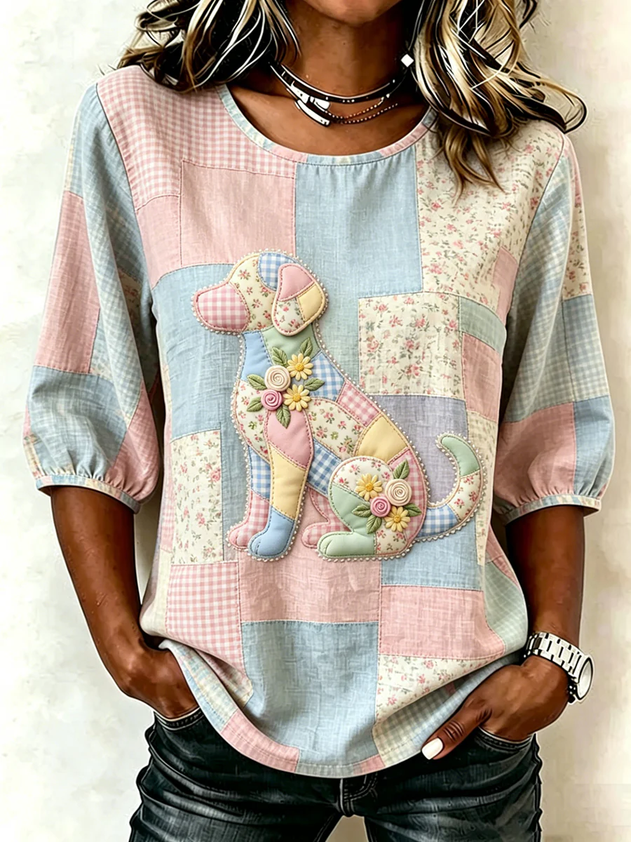 Women's Animal Dog Print Three-Quarter Sleeve T-shirt - Image 2