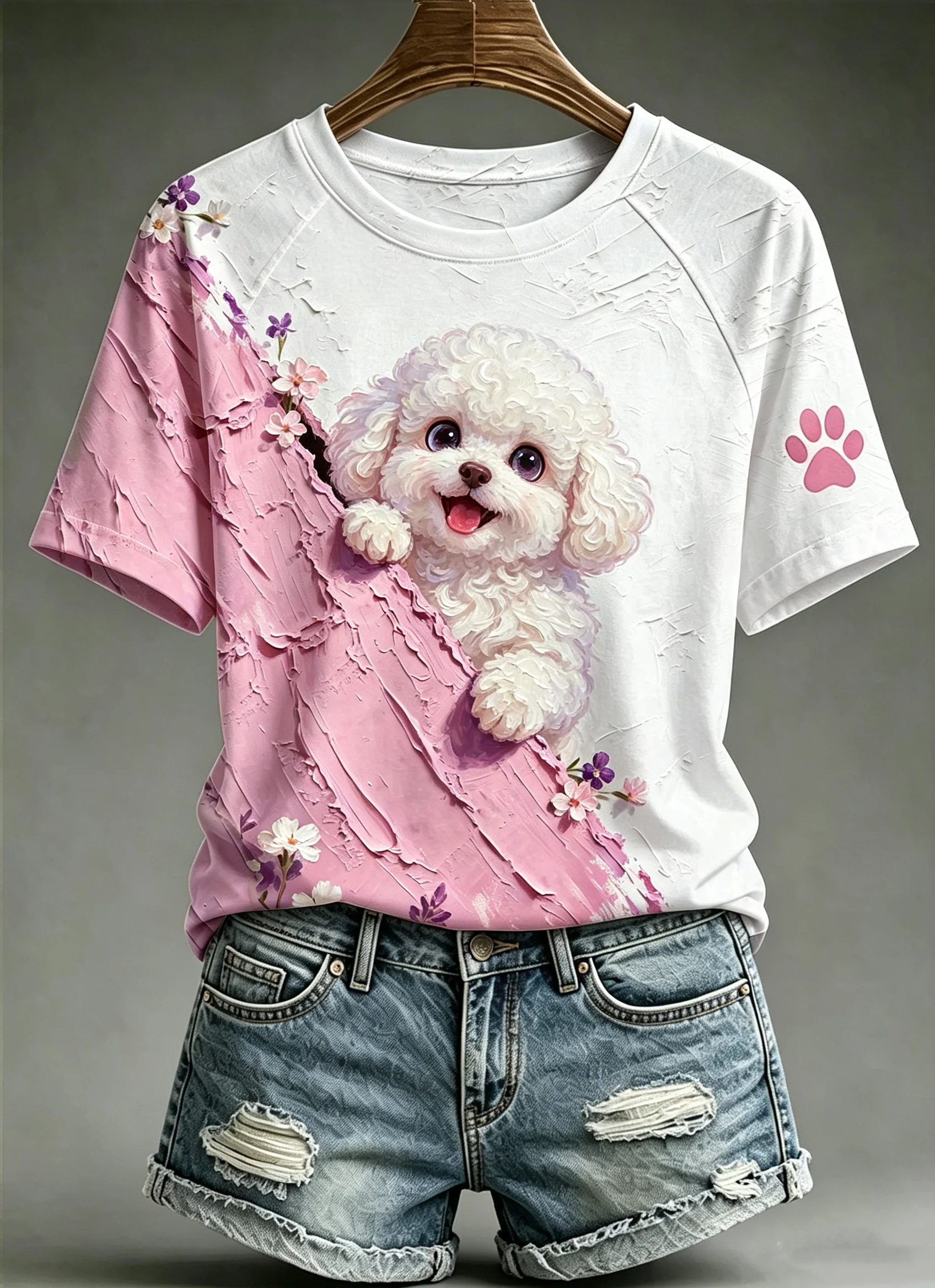 Women's Animal Dog Printed Vintage Fashion Loose Short Sleeve T-Shirt