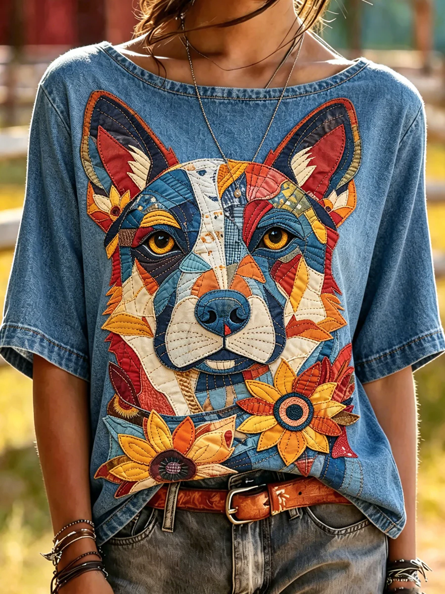 Women's Animal Dog Printed Vintage Fashion Loose Short Sleeve T-Shirt