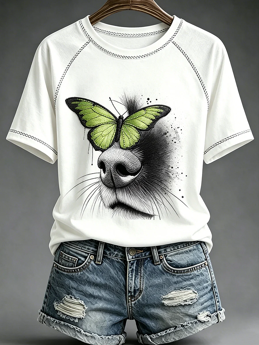 Women's Animal Dog Printed Vintage Fashion Loose Short Sleeve T-Shirt