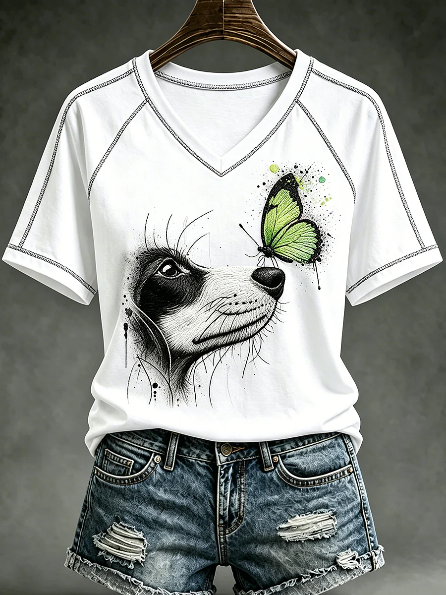 Women's Animal Dog Printed Vintage Fashion Loose Short Sleeve T-Shirt