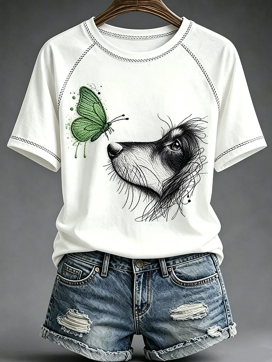 Women's Animal Dog Printed Vintage Fashion Loose Short Sleeve T-Shirt