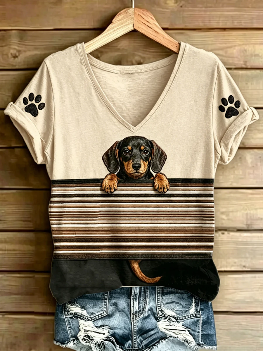Women's Animal Dog Stripes Printed Vintage Fashion Loose Short Sleeve T-Shirt