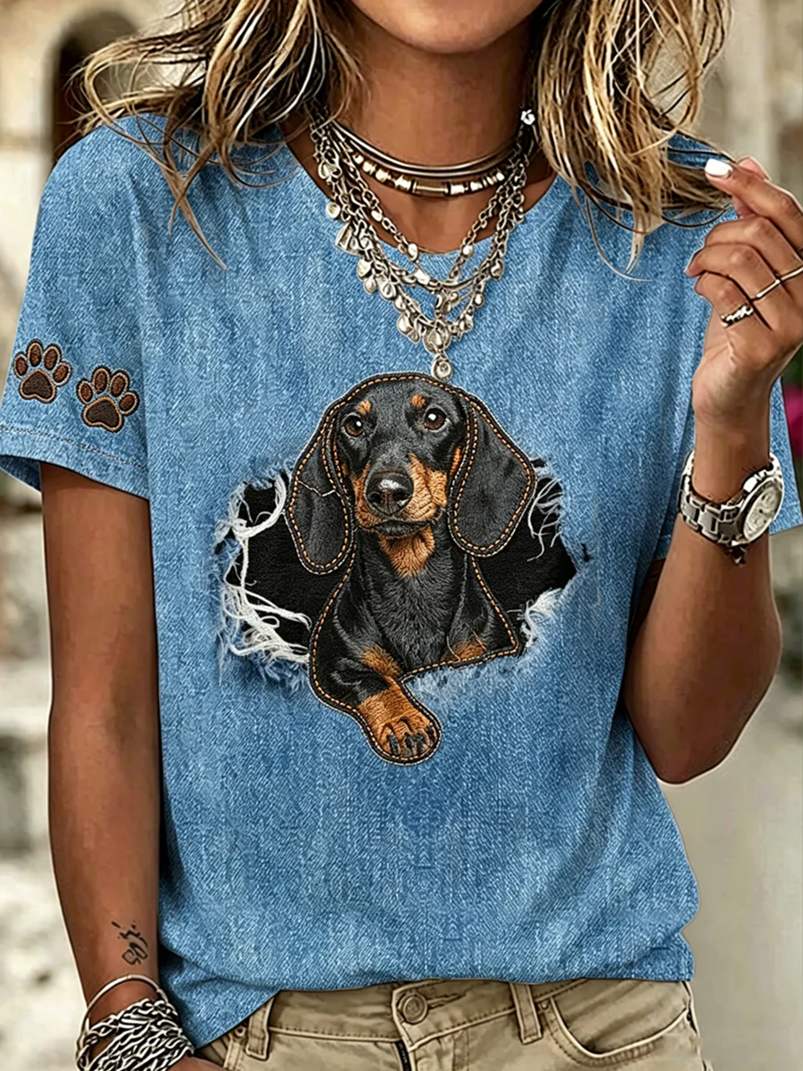 Women's Animal Funny Dogs Printed Vintage Fashion Loose Short Sleeve T-Shirt
