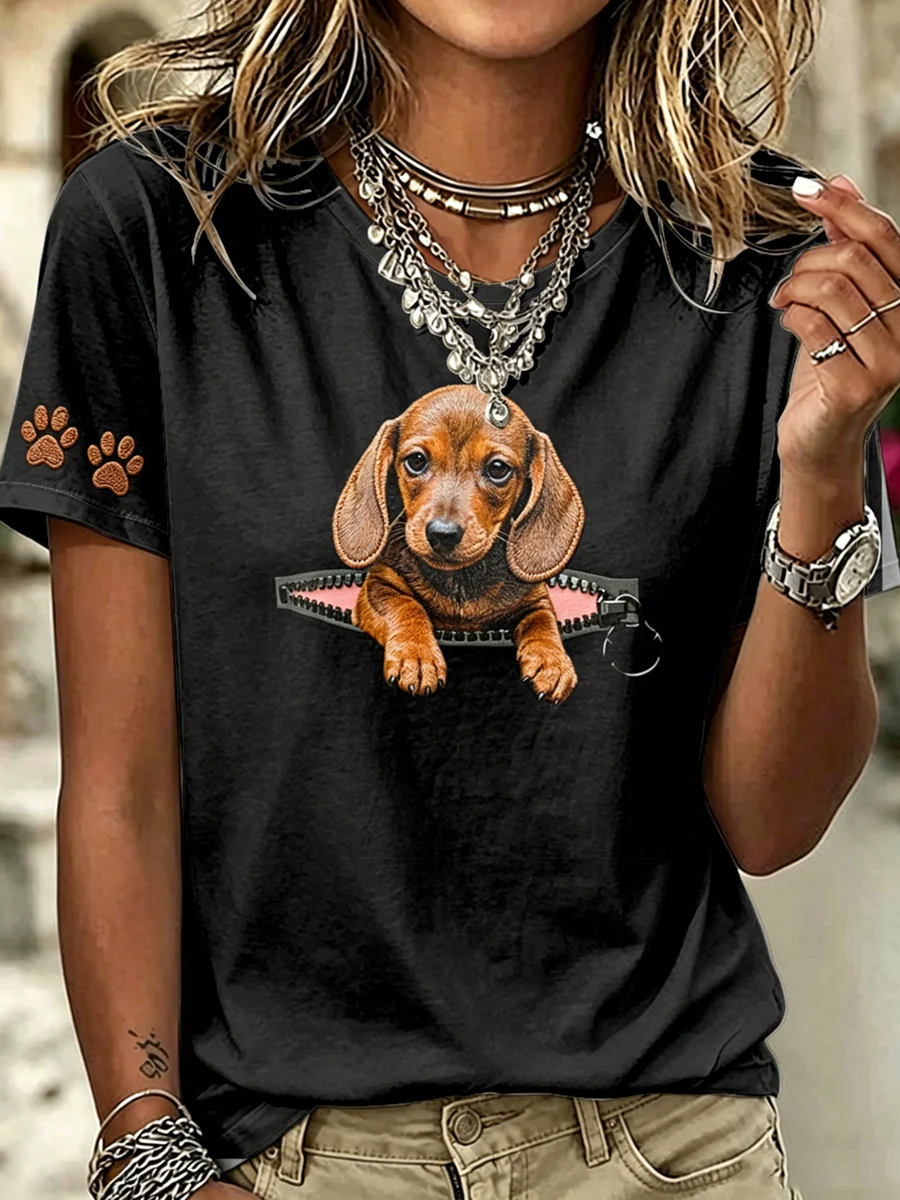 Women's Animal Funny Dogs Printed Vintage Fashion Loose Short Sleeve T-Shirt