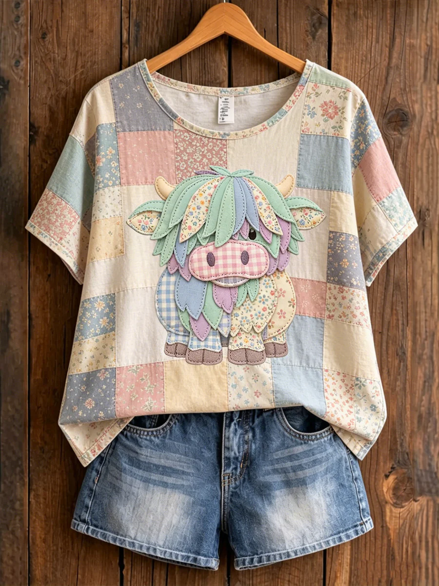 Women's Animal Highland Cattle Printed Vintage Fashion Loose Short Sleeve T-Shirt