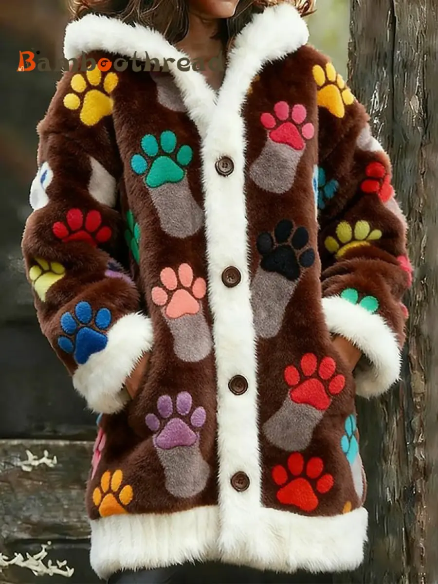 Women's Animal Paw Print Flannel Warm Jacket