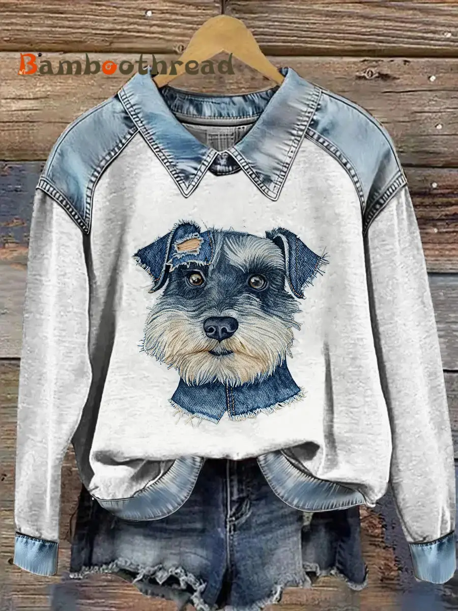 Women's Animal Printed Denim Patchwork Lapel Long Sleeved Sweatshirt