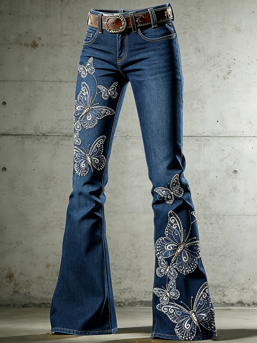 Women's Art Animal Butterfly Print Flared Trousers