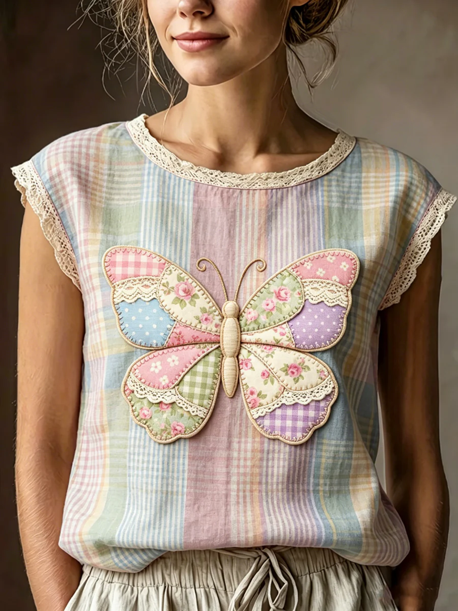Women's Art Animal Butterfly Printed Lace Round Neck Sleeveless T-shirt - Image 2