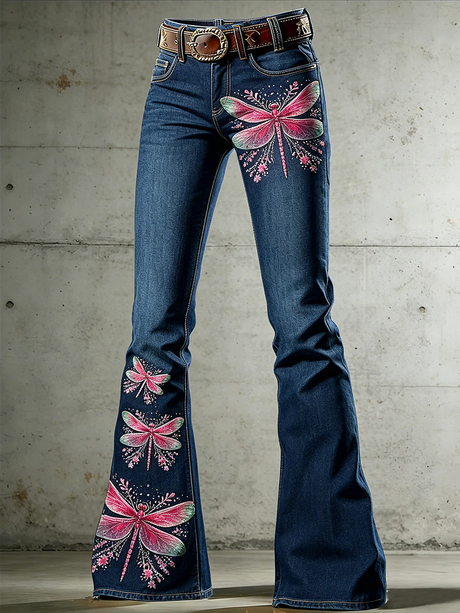 Women's Art Animal Dragonfly Print Flared Trousers