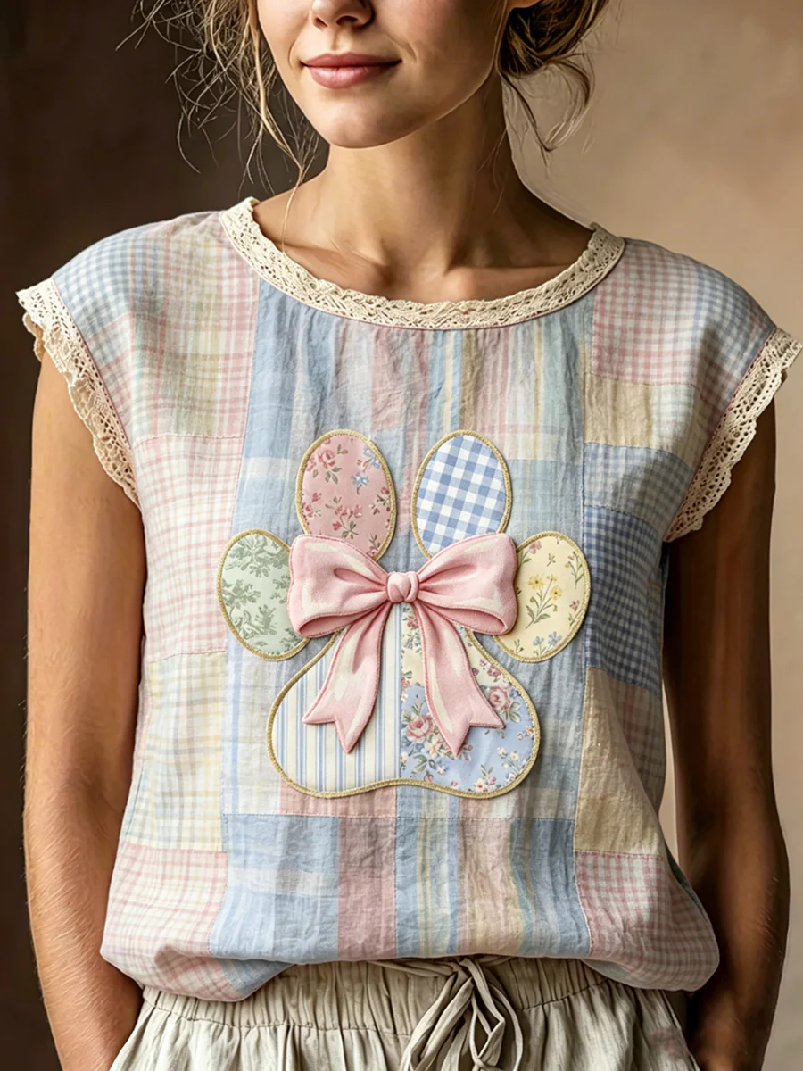 Women's Art Animal Paw Printed Lace Round Neck Sleeveless T-shirt - Image 2