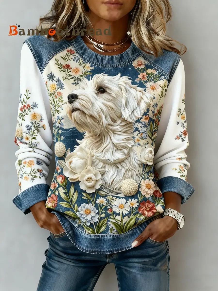 Women's Art Dog Denim Patchwork Sweatshirt