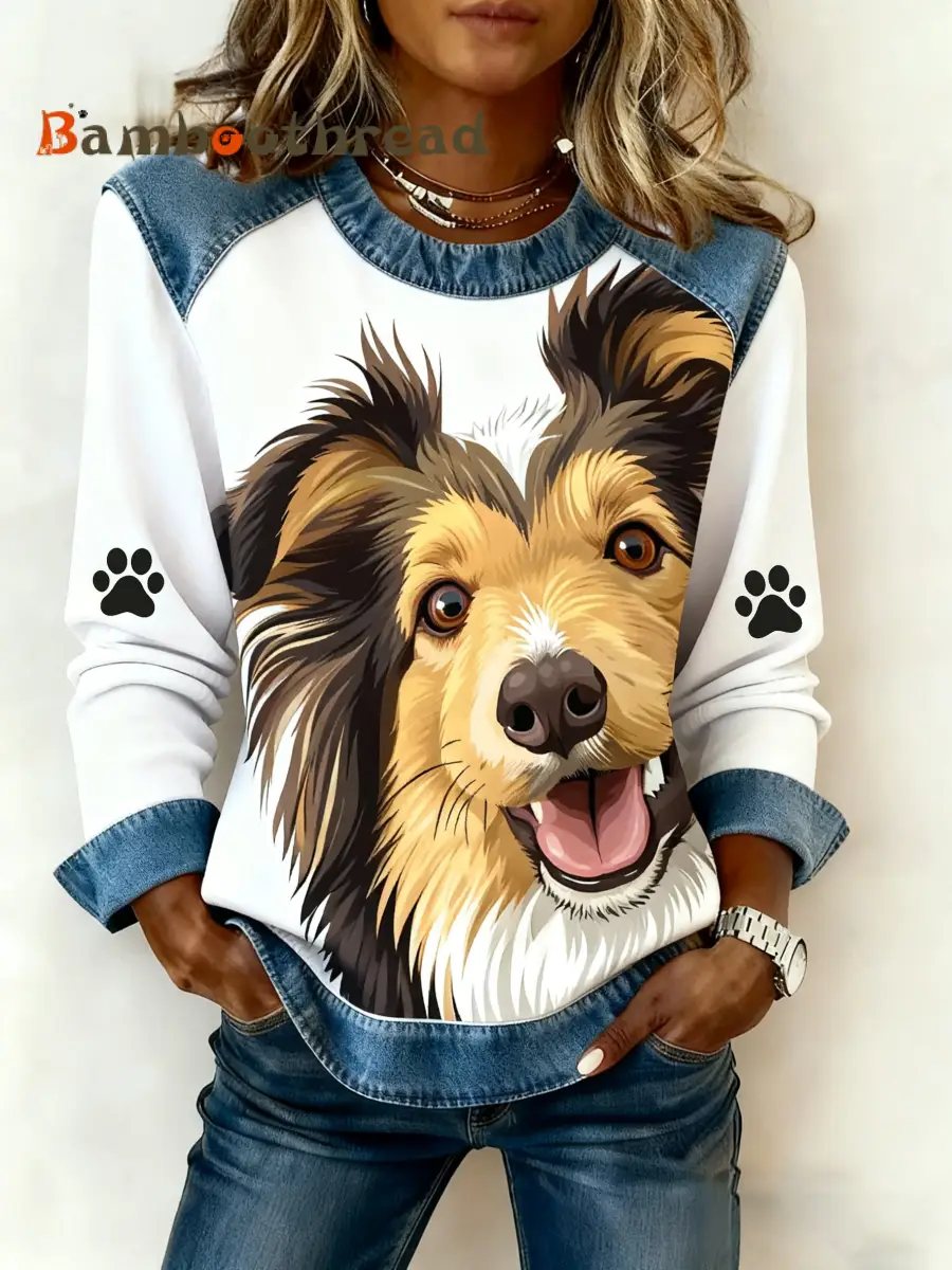 Women's Art Dog Denim Patchwork Sweatshirt