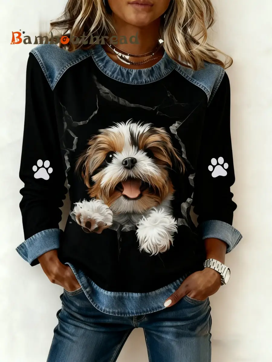 Women's Art Dog Denim Patchwork Sweatshirt