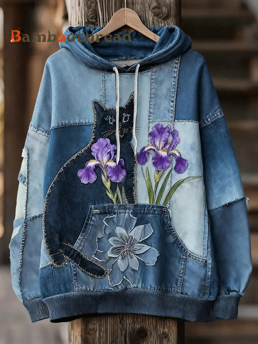 Women's Black Cat Print Hoodies
