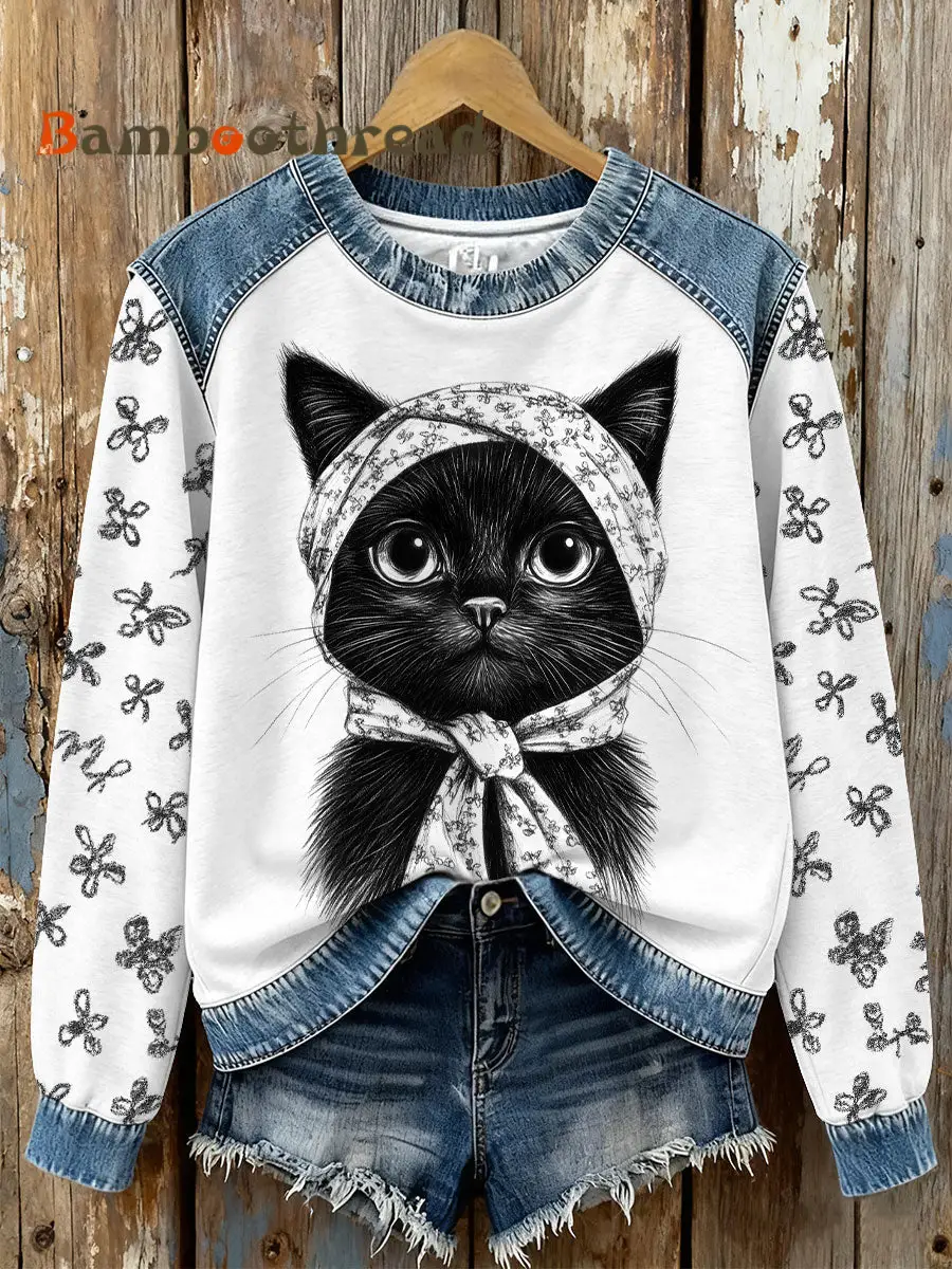 Women's black cat print sweatshirts