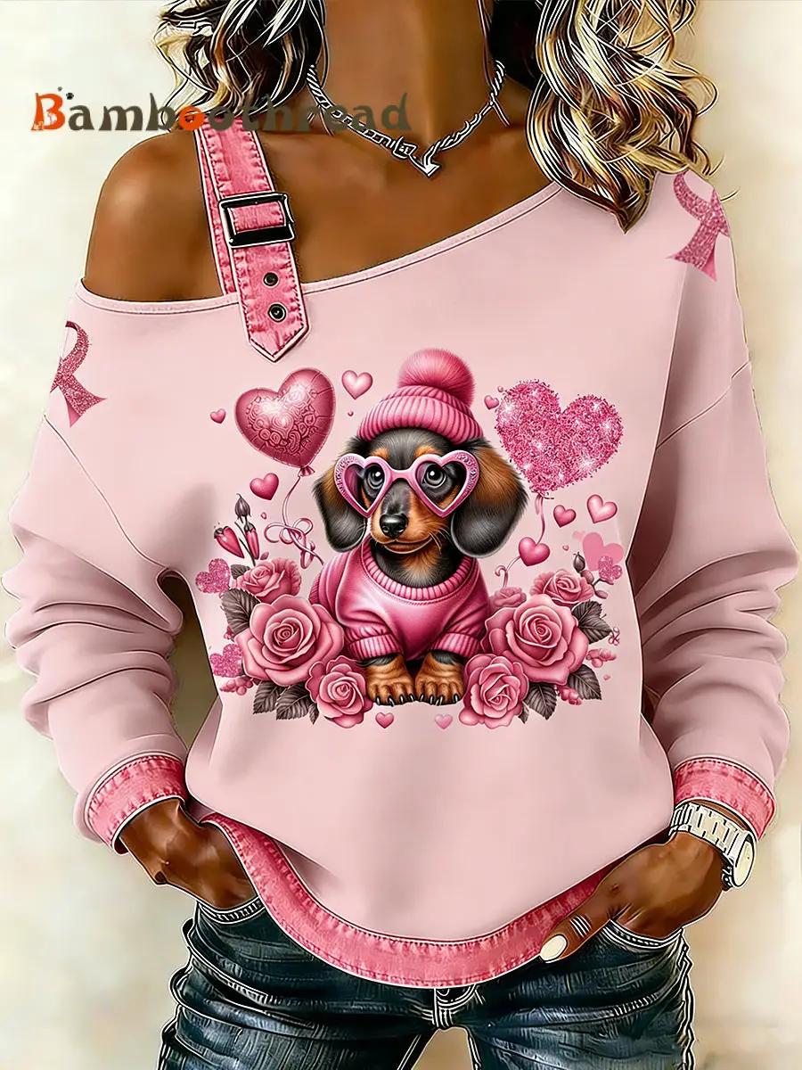Women's Breast Cancer Animal Dachshund Printed One Shoulder Suspender Casual Sweater