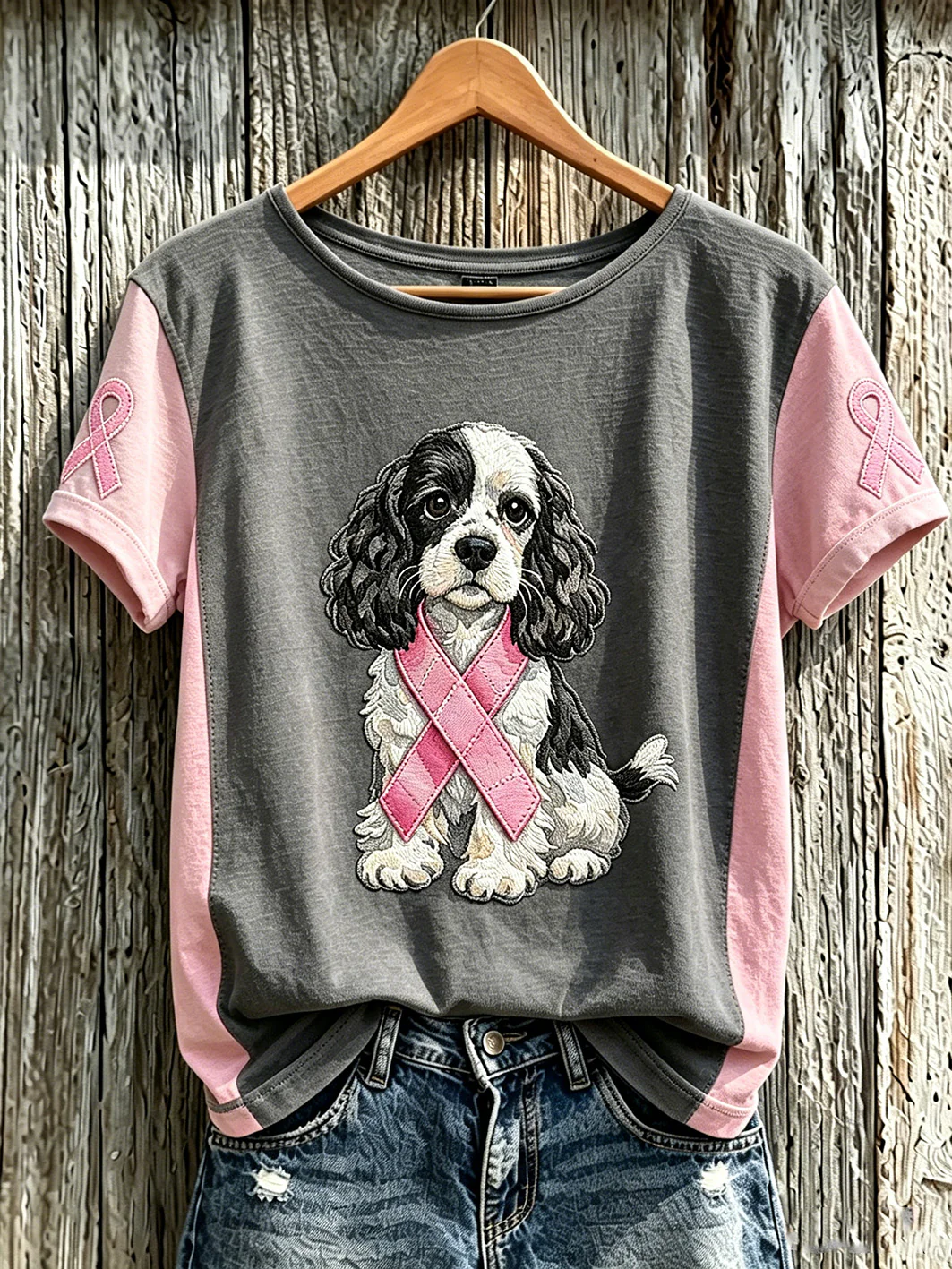 Women's Breast Cancer Cute Dog Pattern Printed Casual Short-Sleeve T-Shirt