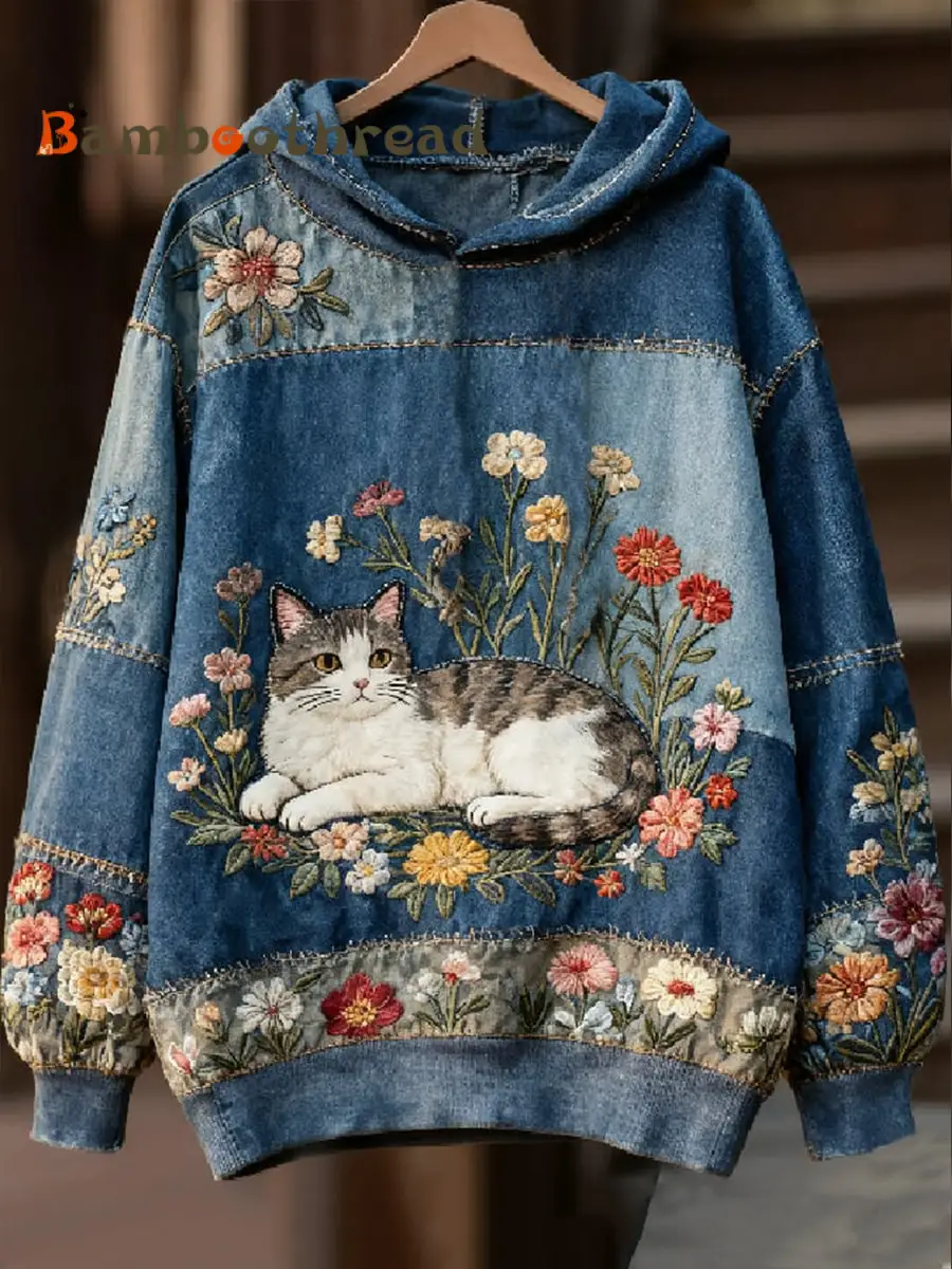 Women's Casual Patchwork Cat Print Hoodie