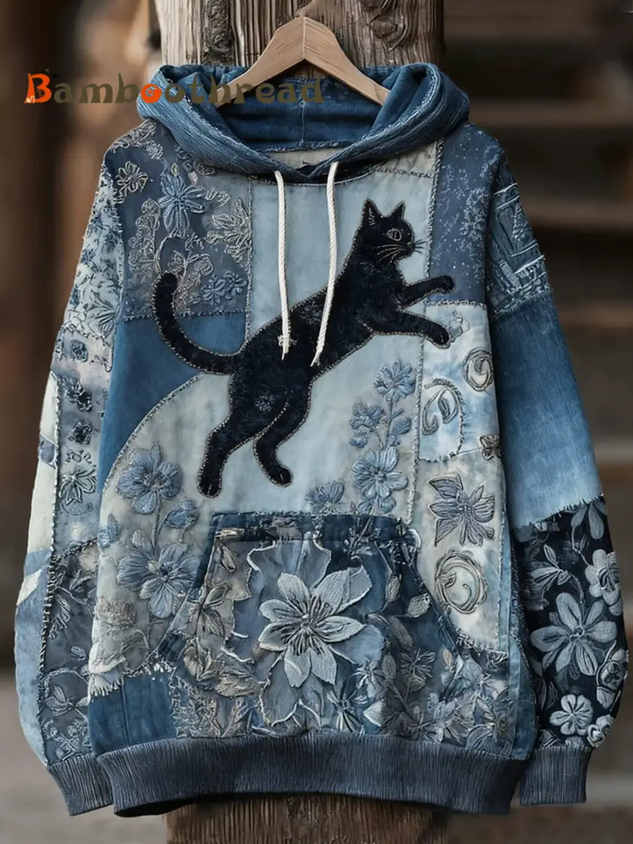 Women's Casual Patchwork Cat Print Hoodie